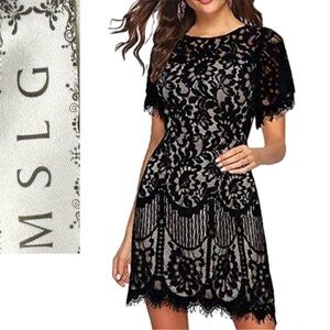 MSLG Elegant Floral Lace Cocktail Dress | V-Back A-Line | Size Small | Like New